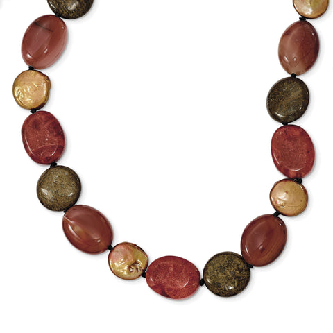 Sterling Silver Tiger Eyes/Carnelian/Reconst. Coral/FW Cult. Pearl Necklace QH4554 - shirin-diamonds