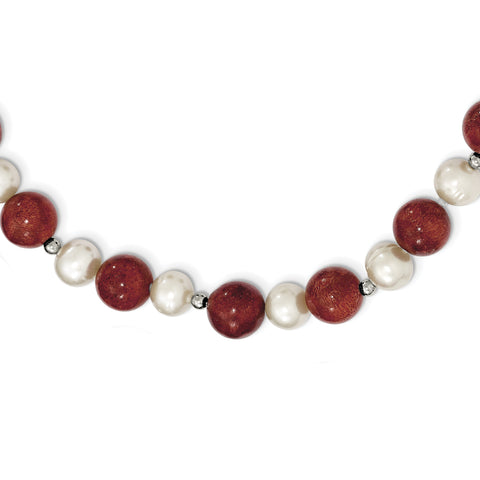 Sterling Silver FW Cultured Pearl & Stabilized Red Coral Necklace QH4561 - shirin-diamonds