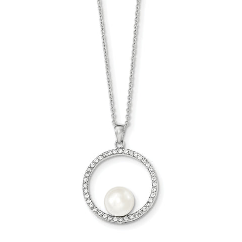 Sterling Silver Rhodium 8-9mm White FW Cultured Pearl and CZ Necklace QH5231 - shirin-diamonds