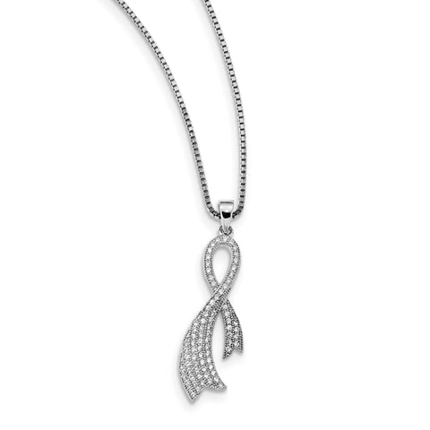 Sterling Silver & CZ Brilliant Embers Ribbon Necklace QMP1127 - shirin-diamonds