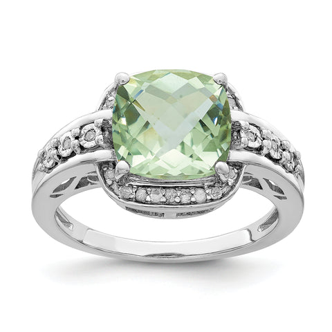 925 Sterling Silver Rhodium Diamond and Checker-Cut Green Quartz Ring