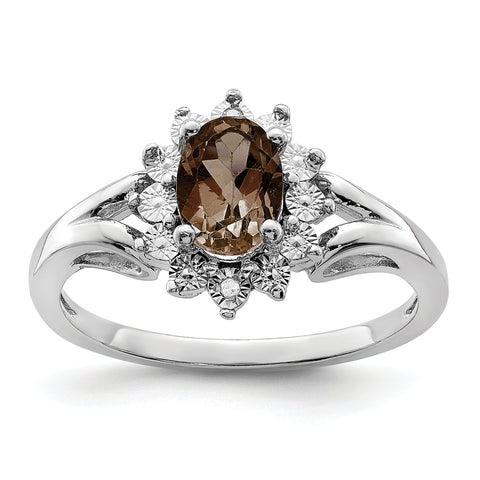 925 Sterling Silver Rhodium Diamond and Smoky Quartz Ring