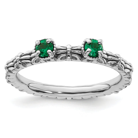 Sterling Silver Stackable Expressions Created Emerald Two Stone Ring Size 9