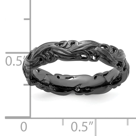 Sterling Silver Stackable Expressions Black-plated Carved Band