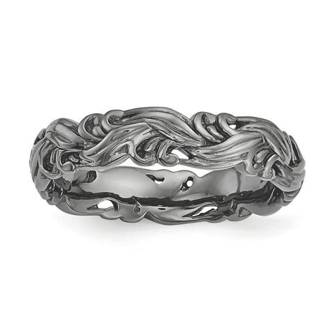 Sterling Silver Stackable Expressions Black-plated Carved Band - shirin-diamonds
