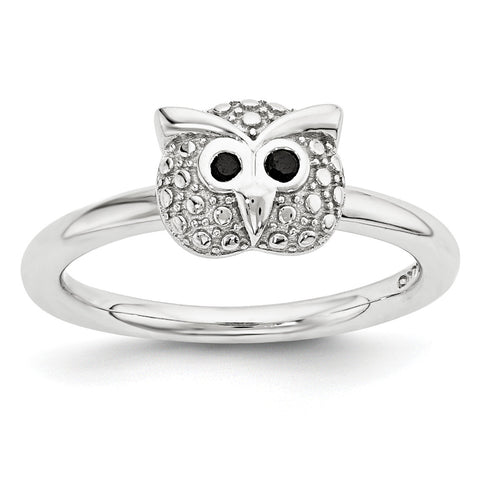 Sterling Silver Stackable Expressions Polished Onyx Owl Ring - shirin-diamonds