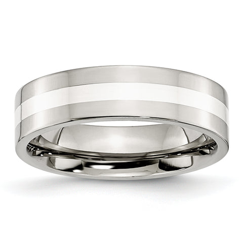 Stainless Steel Sterling Silver Inlay Flat 6mm Polished Band Ring 6.5 Size