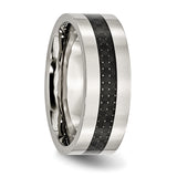 Stainless Steel Black Carbon Fiber Inlay Flat 8mm Polished Band Ring 9 Size