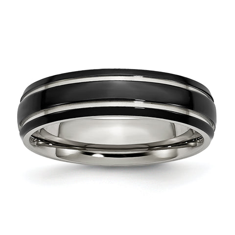 Stainless Steel Grooved & Polished 6mm Black IP-plated Band Ring 8 Size