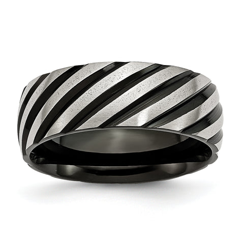 Stainless Steel 8mm Black IP-plated Swirl Brushed & Polished Band Ring 9 Size