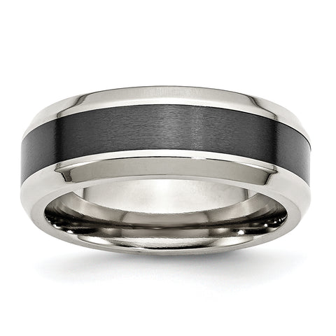Stainless Steel Base with Polished Black Ceramic Center Beveled Band Ring 9 Size