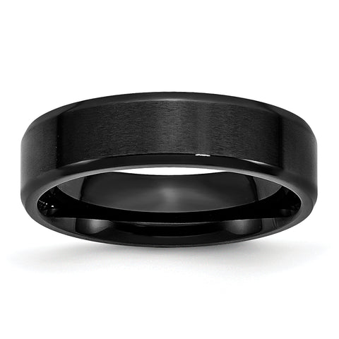 Stainless Steel 6mm Black IP-plated Brushed Polished Beveled Edge Band Ring 7.5 Size