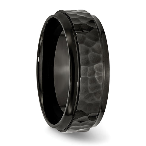 Stainless Steel 8mm Black IP-plated Hammered Polished Beveled Edge Band Ring 12 Size