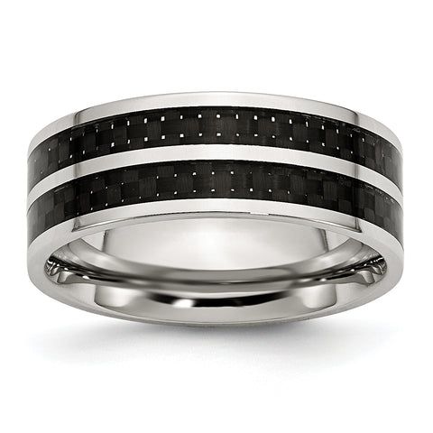 Stainless Steel 8mm Double Row Black Carbon Fiber Inlay Polished Band Ring 11 Size