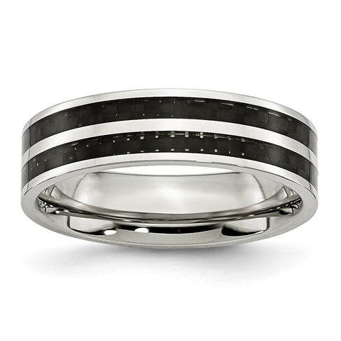 Stainless Steel 6mm Double Row Black Carbon Fiber Inlay Polished Band Ring 9 Size
