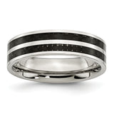 Stainless Steel 6mm Double Row Black Carbon Fiber Inlay Polished Band Ring 8 Size