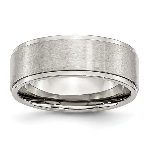 Stainless Steel Ridged-Edge 8mm Brushed and Polished Band Ring 8 Size