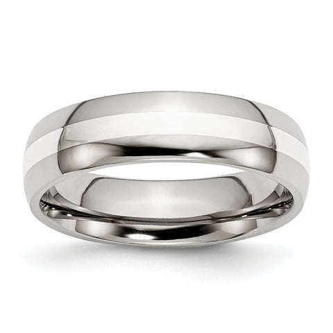 Stainless Steel Sterling Silver Inlay 6mm Polished Band Ring 7.5 Size