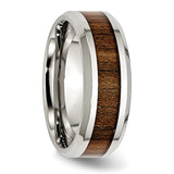 Stainless Steel Polished Wood Inlay Enameled 8.00mm Ring 11 Size