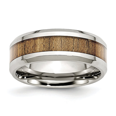 Stainless Steel Polished Wood Inlay Enameled 8.00mm Ring 11.5 Size