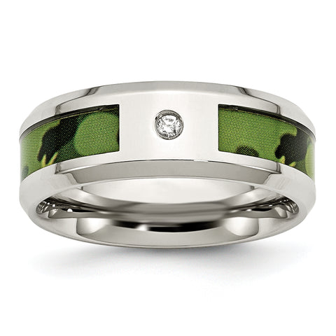 Stainless Steel Polished Camouflage 0.035ct. Diamond 8mm Band Ring 11.5 Size