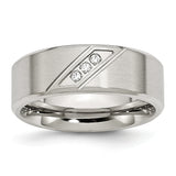 Stainless Steel Polished and Brushed CZ 8mm Beveled Edge Band Ring 9.5 Size