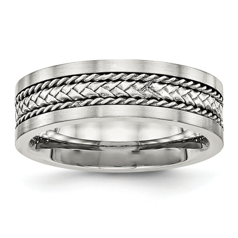 Stainless Steel Satin & Polished with Silver Center Inlay Ring 12 Size