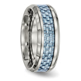 Stainless Steel Polished Blue Carbon Fiber Inlay Ring 9 Size
