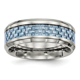 Stainless Steel Polished Blue Carbon Fiber Inlay Ring 9 Size