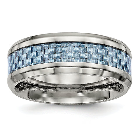 Stainless Steel Polished Blue Carbon Fiber Inlay Ring 8 Size