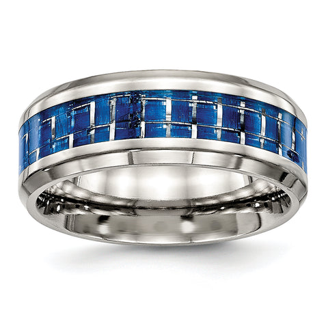 Stainless Steel Polished Blue/White Carbon Fiber Inlay Ring 9.5 Size