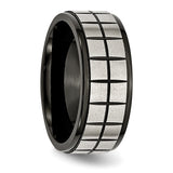 Stainless Steel Brushed & Black IP-plated 9mm Band Ring 8.5 Size