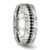Stainless Steel Brushed and Polished Black CZ Hammered Ring 9 Size