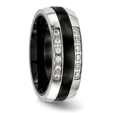 Stainless Steel Polished Black Ceramic CZ Ring 7 Size