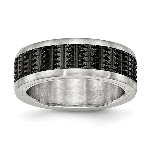 Stainless Steel Brushed/Polished Black IP Textured Ring Size 8
