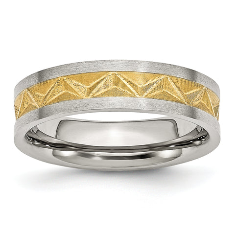 Stainless Steel Grooved Yellow IP-plated Ladies 6mm Brushed Band Ring 11.5 Size