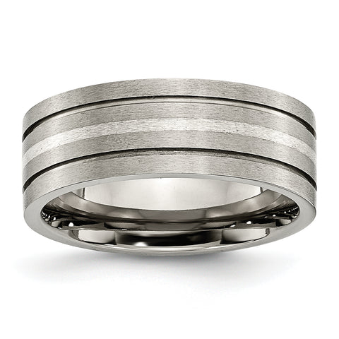 Titanium Grooved Sterling Silver Inlay 8mm Brushed Band Ring 8.5 Size