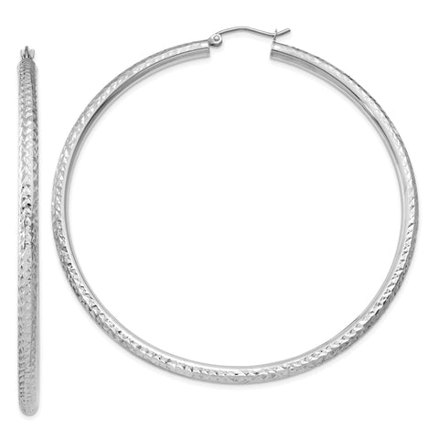 14k White Gold Diamond-cut 3mm Round Hoop Earrings TC262 - shirin-diamonds